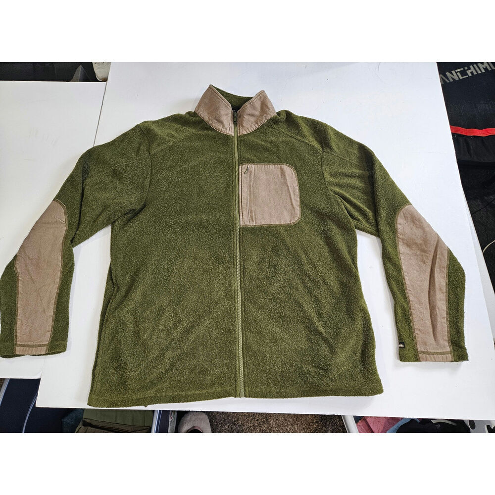 Kavu Green/Tan Men's Terry Fleece Jacket Zip Pocket Elbow Patches Large